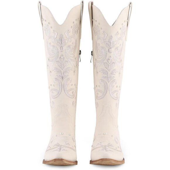 Women White Faux Leather Knee High Classic Embroidered Slip On Chunky Heel - Picture 6 of 7